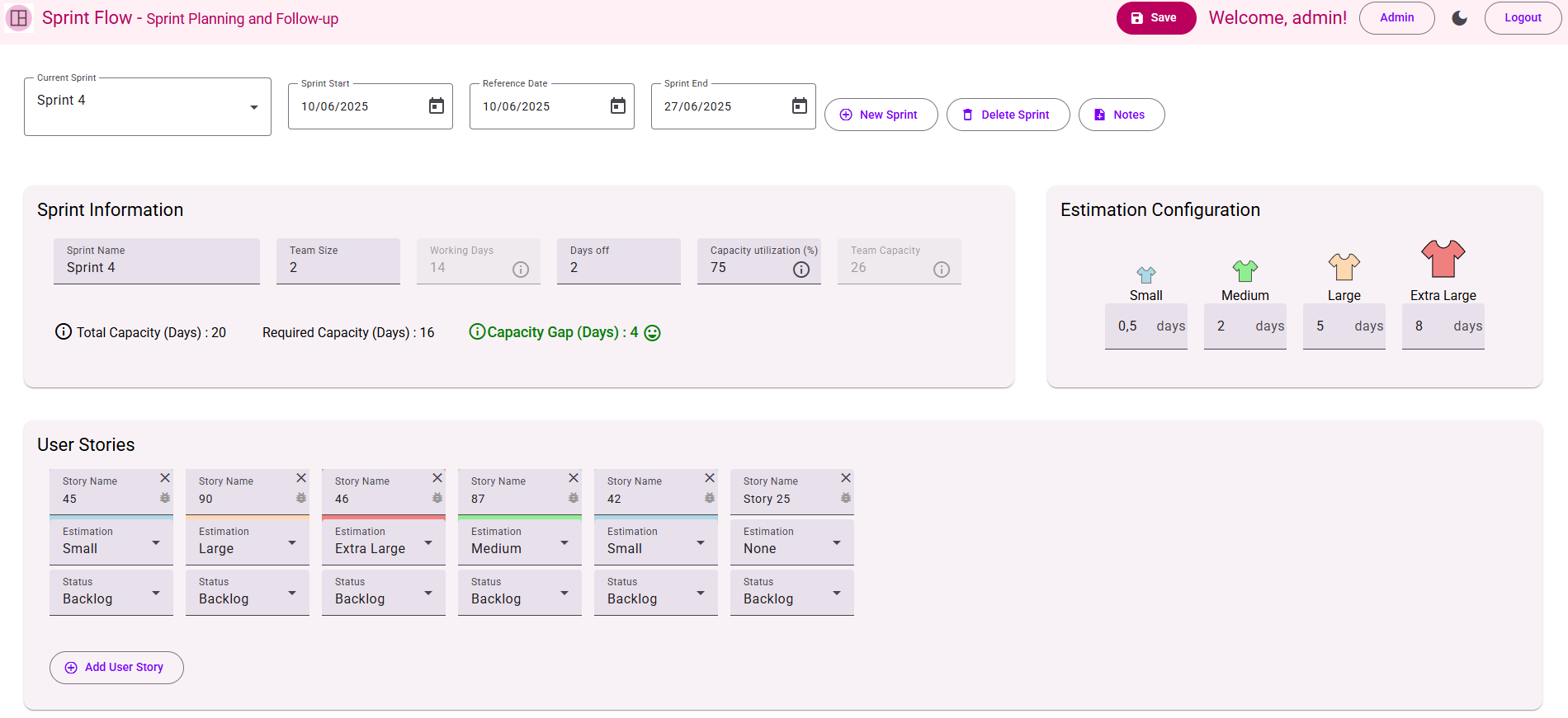 Interface Sprint Flow - Capture d'écran outil planification sprint agile
